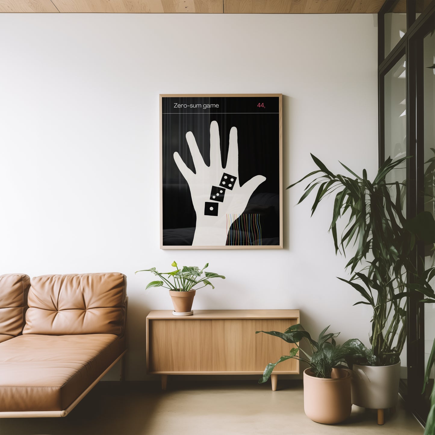 Modern living room with framed economics and probability poster artwork on the wall.