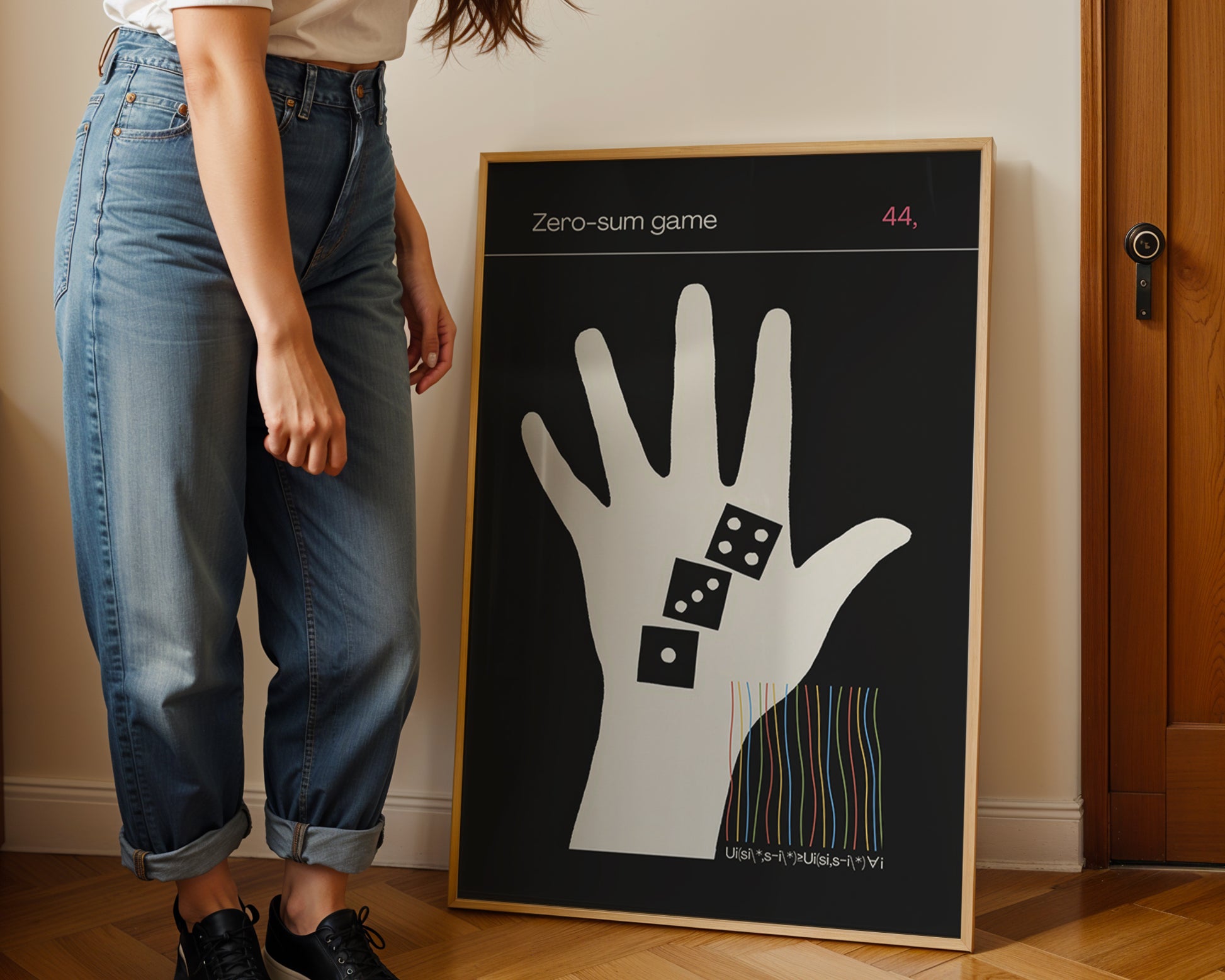 Person standing next to a framed zero sum game theory wall art poster artwork with a hand and dice design on a wall.