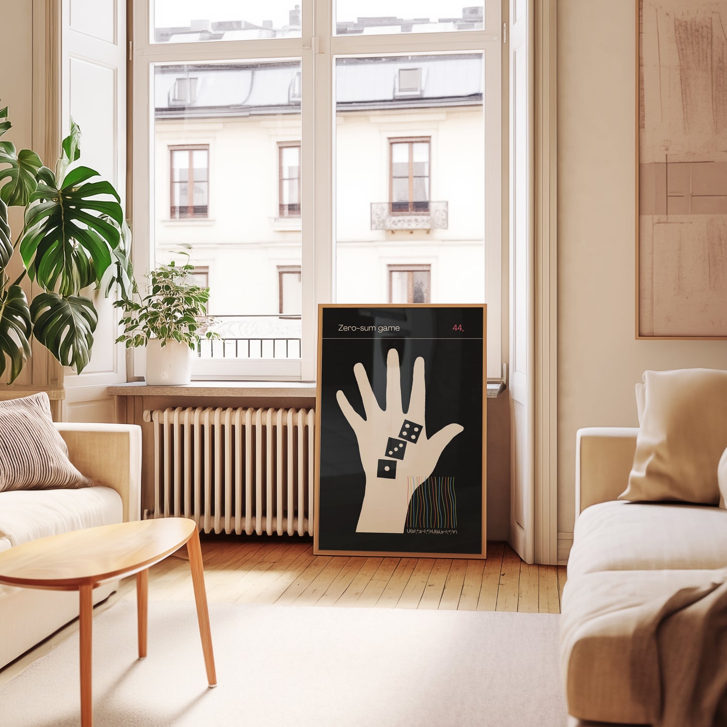 Modern scandi  living room with a zero sum game poster