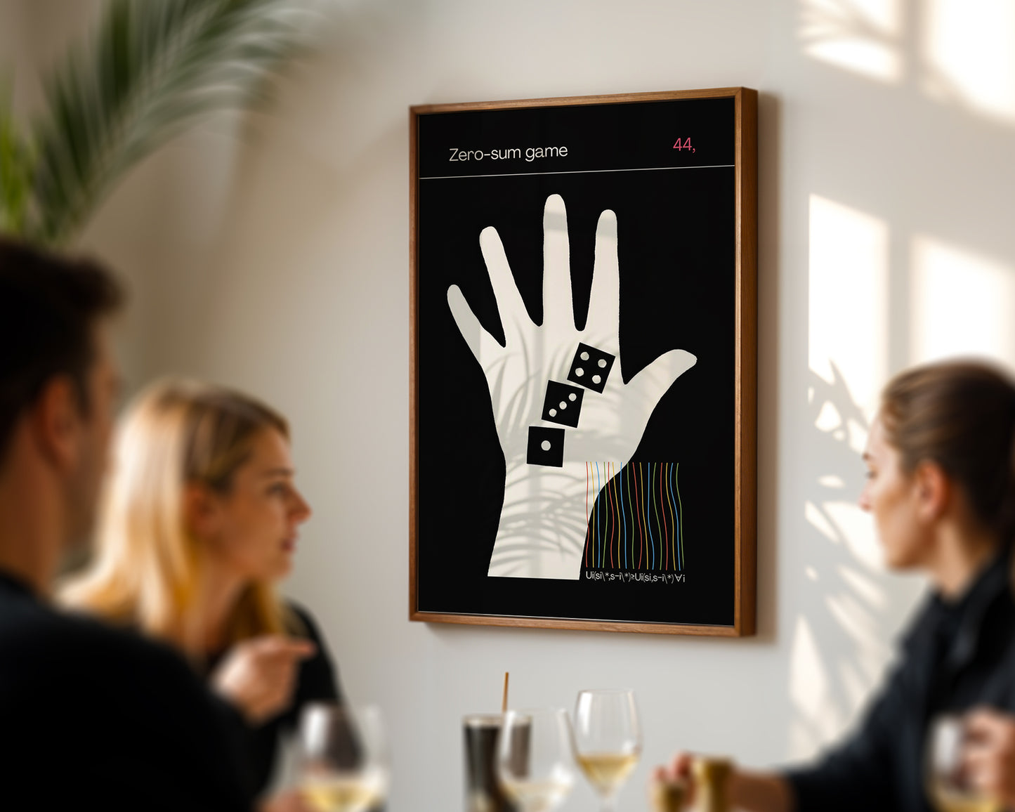 Zero Sum Game  artwork of a hand with dice on a wall in a room with people socializing.