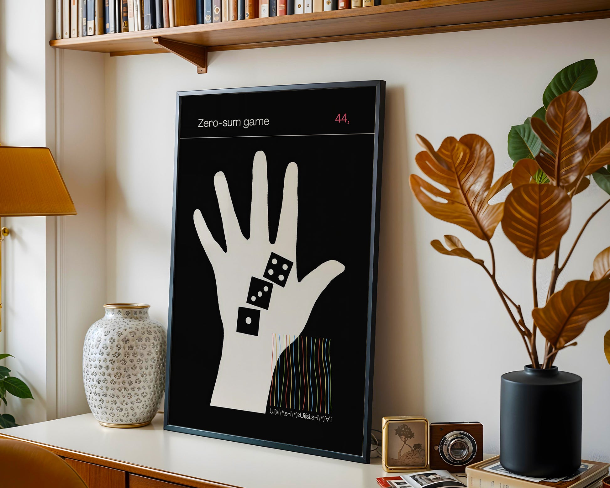 Art print of a zero sum game dice poster in a modern loft apartment