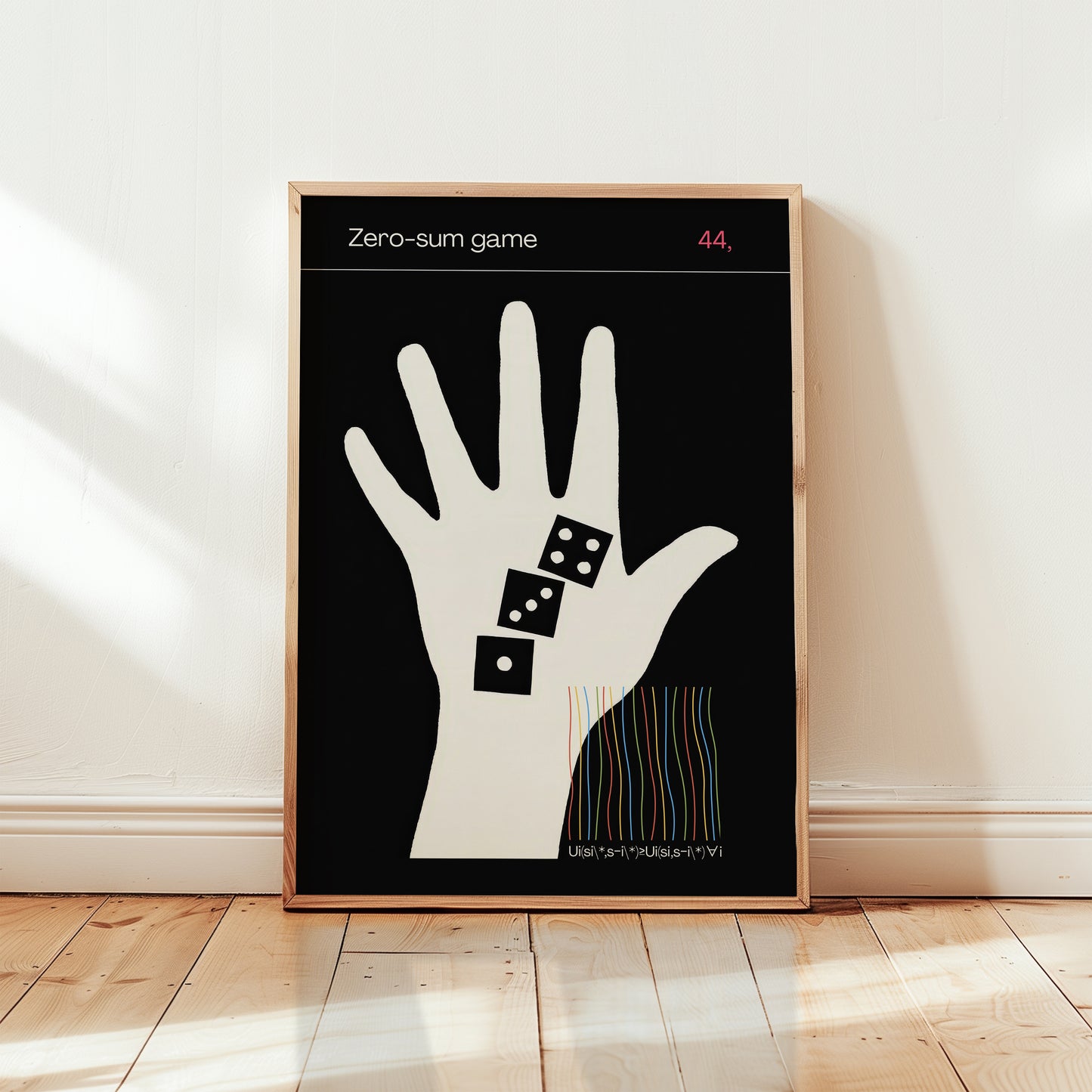 Zero-sum game poster featuring minimalist hand and falling dice inspired by game theory and probability